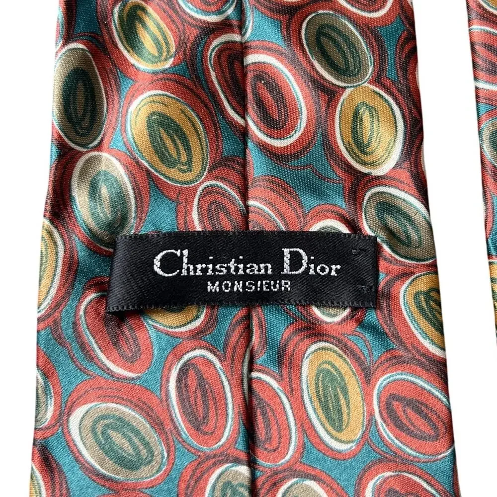 Christian Dior Monsier Paisley Circle Design Silk Necktie Red